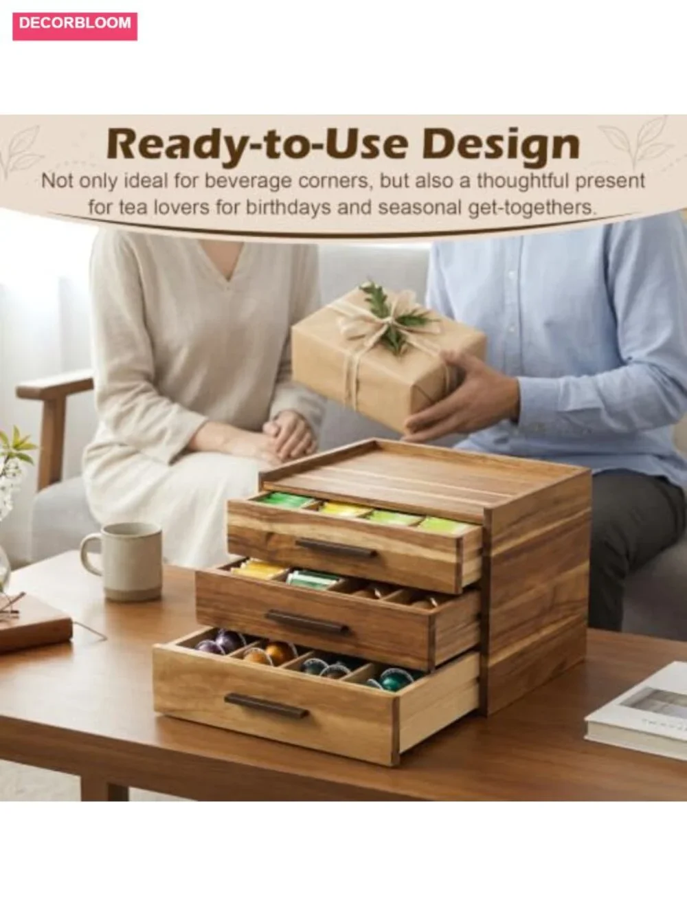 Acacia Wood Tea Bag Organizer 3 Drawers 27 Slots Coffee Capsule Holder